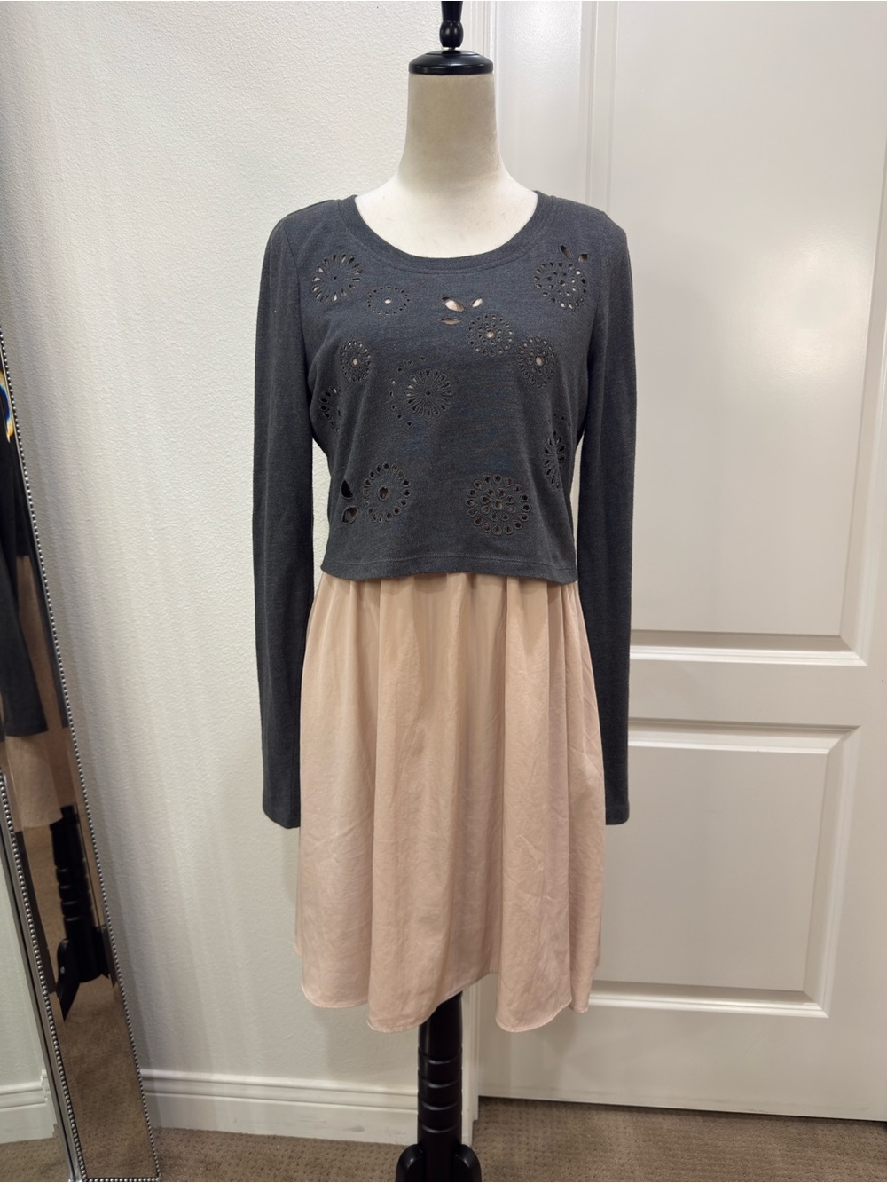 by ELOISE Anthropologie Charcoal Knit Crewneck Sweater Over Blush Slipdress